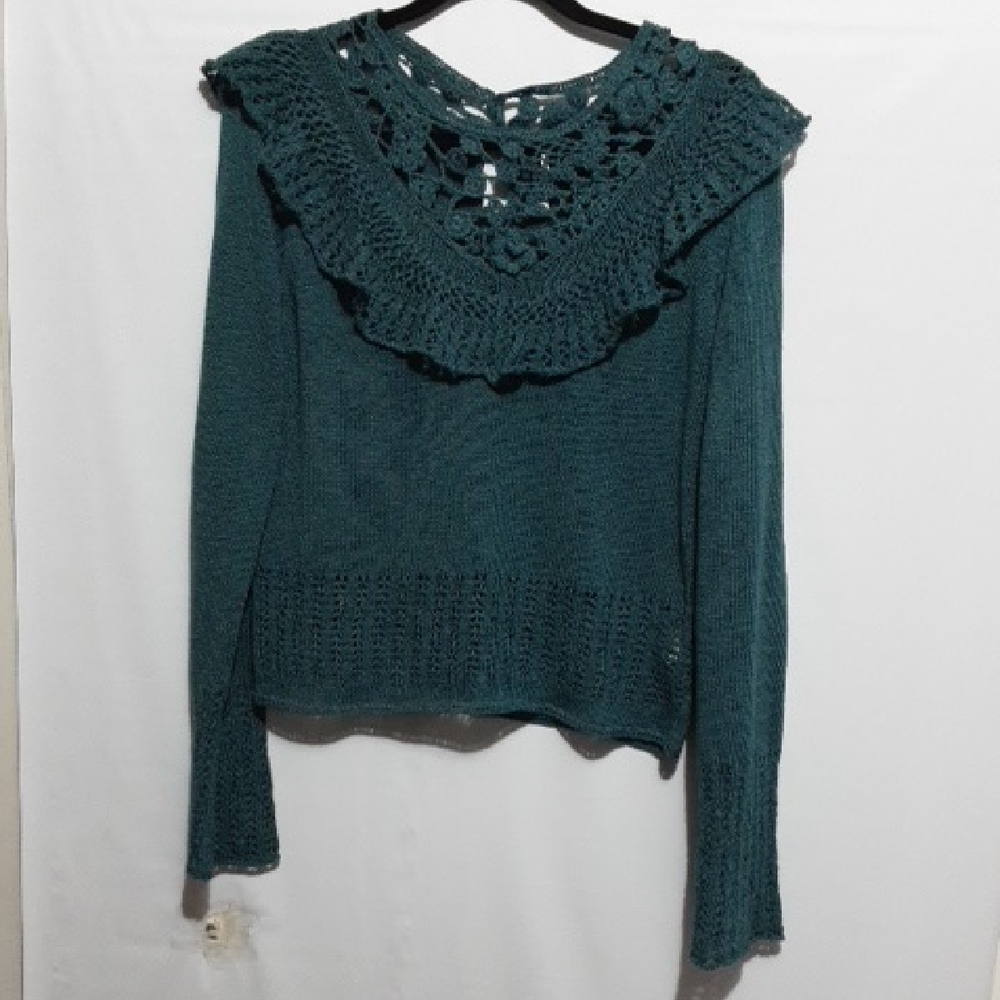 FREE PEOPLE‎ Teal Crochet Detail Knit  Women's M Sweater